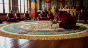 Monks meticulously create a colorful sand mandala, a traditional Buddhist art form. The intricate design is painstakingly crafted from colored sands, symbolizing impermanence and the interconnectedness of all things.